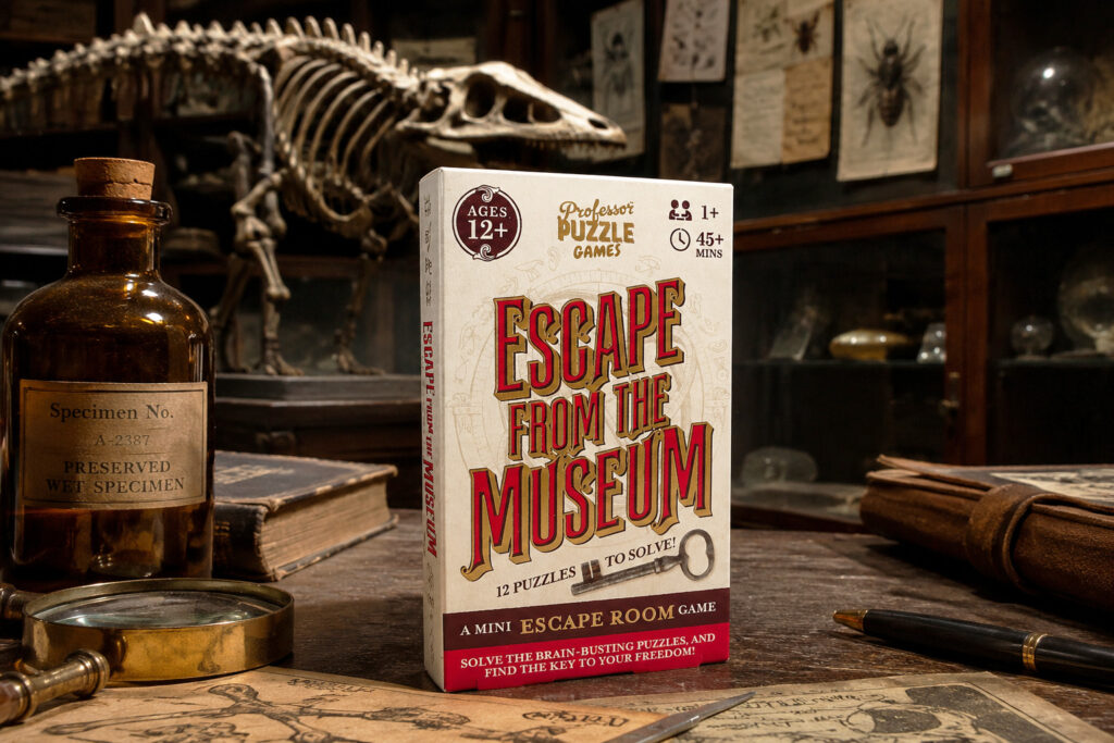Das Spiel „Escape from the Museum“ von Professor Puzzle steht mitten in einem Museum, im Hintergrund ist das Skelett eines Dinosauriers zu sehen.