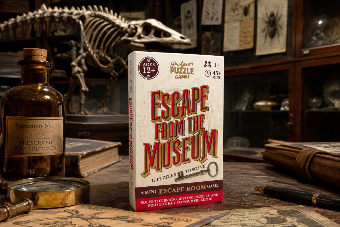 Das Spiel „Escape from the Museum“ von Professor Puzzle steht mitten in einem Museum, im Hintergrund ist das Skelett eines Dinosauriers zu sehen.