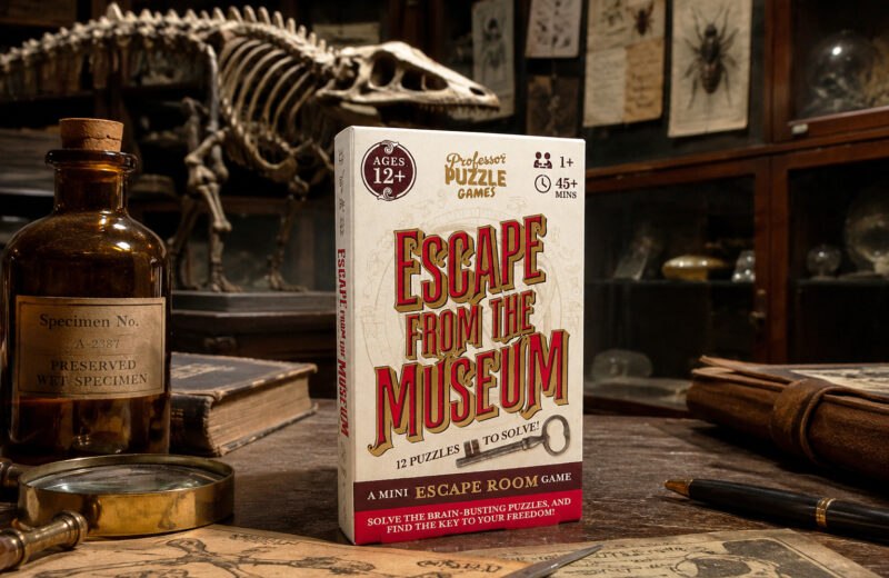 Das Spiel „Escape from the Museum“ von Professor Puzzle steht mitten in einem Museum, im Hintergrund ist das Skelett eines Dinosauriers zu sehen.