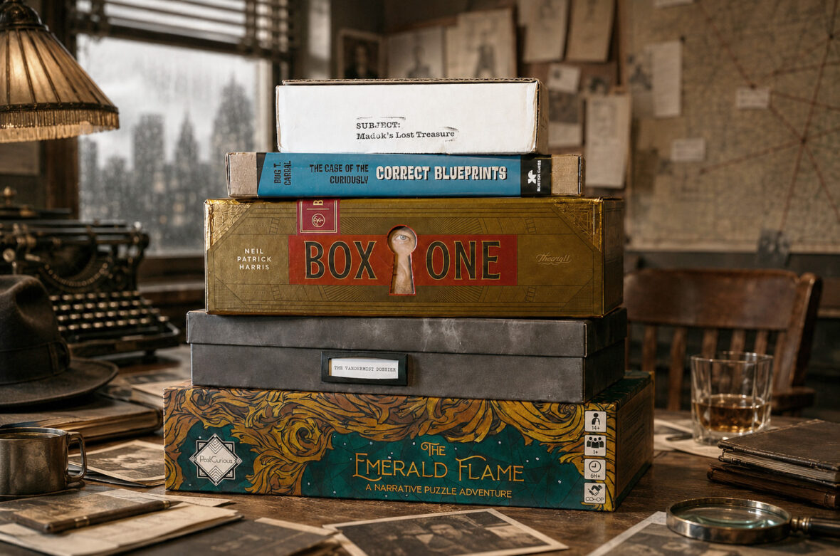 Die fünf Spiele „Madoks Lost Treasure“, „The Case of the Curiously Correct Blueprints“, „Box One“, „The Vandermist Dossier“ und „The Emerald Flame“ stehen auf einem Schreibtisch in einem Detektivbüro.