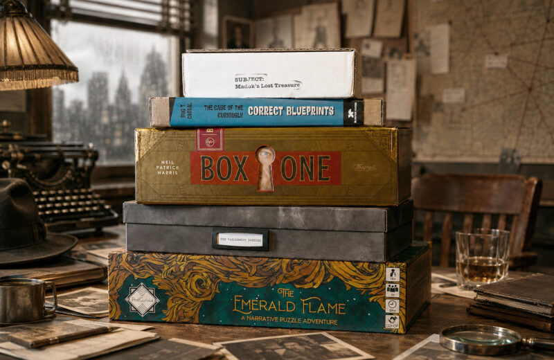 Die fünf Spiele „Madoks Lost Treasure“, „The Case of the Curiously Correct Blueprints“, „Box One“, „The Vandermist Dossier“ und „The Emerald Flame“ stehen auf einem Schreibtisch in einem Detektivbüro.
