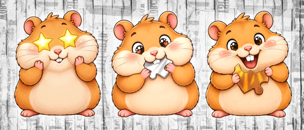 Drei Hamster, die bei Puzzle Hamster als Symbole für die Bewertungsstufen Weltklasse, Großartig und Sehr gut genutzt werden.