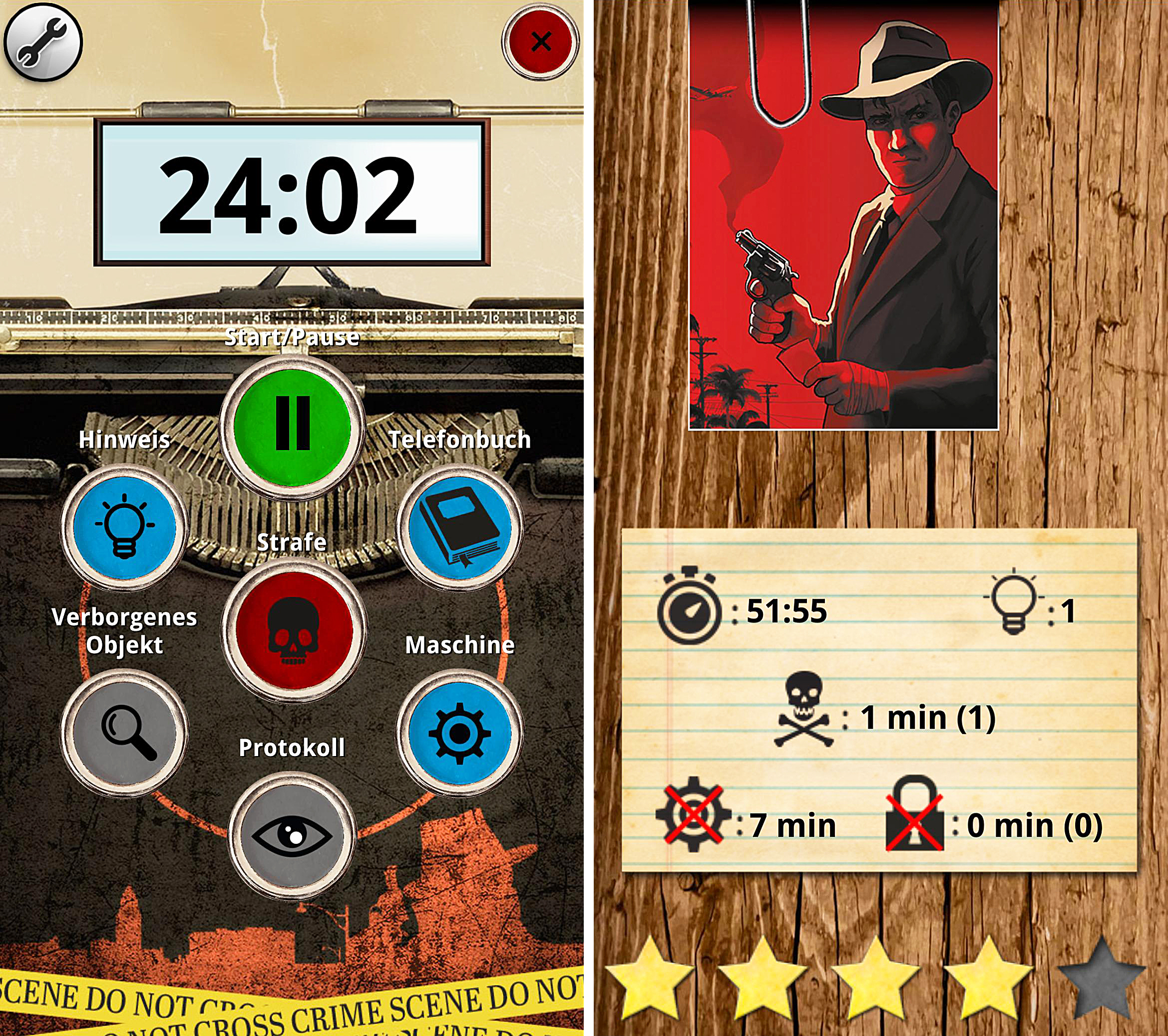 ein Screenshot aus der Spiele-App von „Geheimakte Hollywood“ und des Abschlussberichtes.