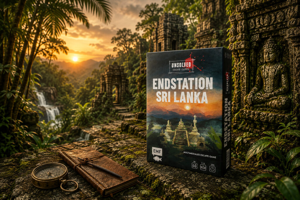 Das Spiel „Endstation Sri Lanka“ steht in einem Dschungel, im Hintergrund sind seltsame Ruinen zu sehen.