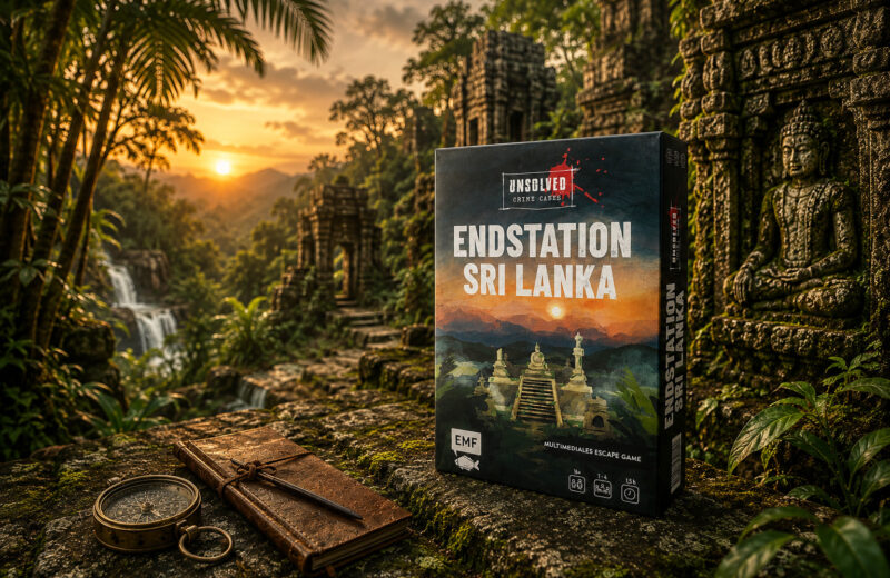 Das Spiel „Endstation Sri Lanka“ steht in einem Dschungel, im Hintergrund sind seltsame Ruinen zu sehen.