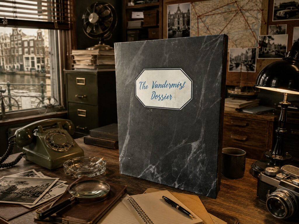 Das Spiel „The Vandermist Dossier“ von Diorama steht in einem alten Detektivbüro auf dem Schreibtisch.
