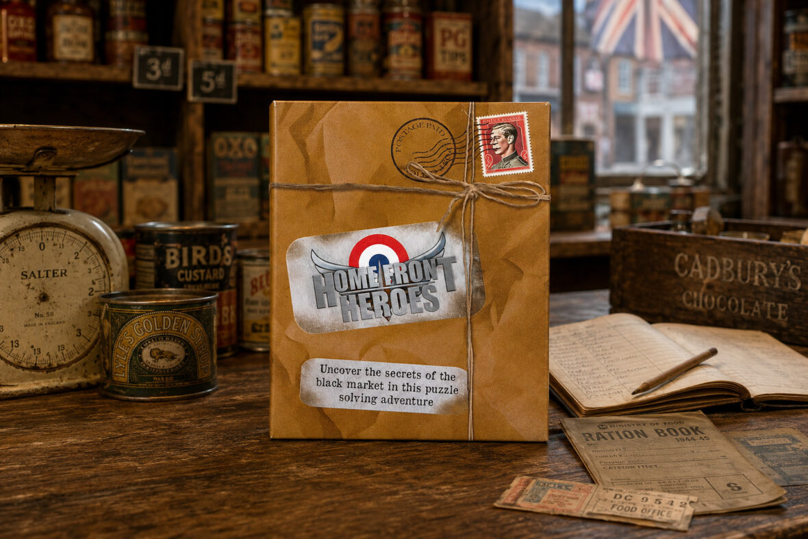 Das Spiel „Homefront Heroes“ steht in einem Lebensmittelladen im alten England.
