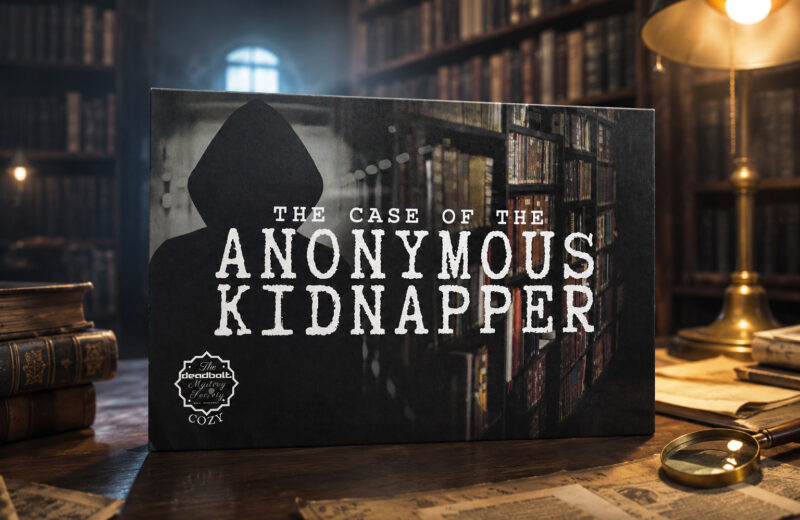 Das Spiel „The Case of the Anonymous Kidnapper“ der Deadbolt Mystery Society aus den USA steht auf einem Tisch in einer alten und verlassenen Bibliothek.