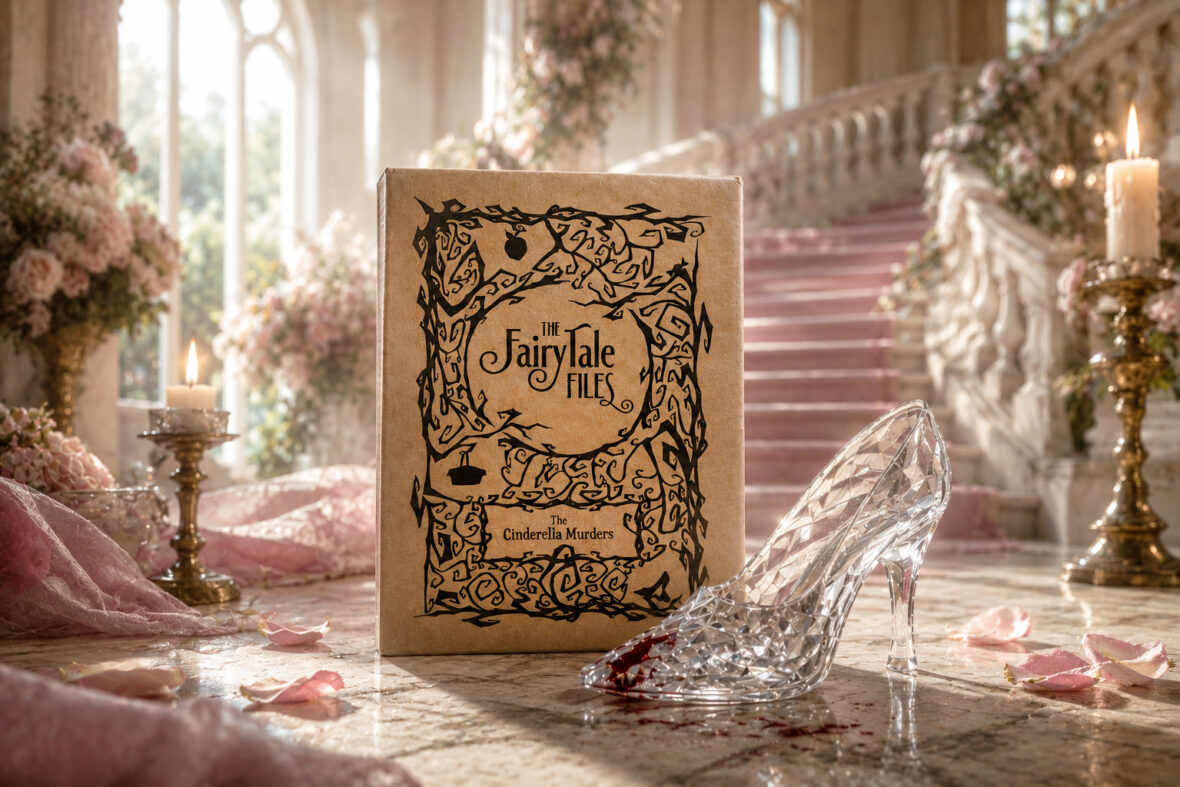 Das Spiel „The Cinderella Murders“ steht in einem Märchenschloss, daneben ist ein gläserner Stöckelschuh mit etwas Blut zu sehen.