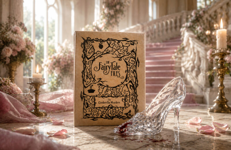 Das Spiel „The Cinderella Murders“ steht in einem Märchenschloss, daneben ist ein gläserner Stöckelschuh mit etwas Blut zu sehen.