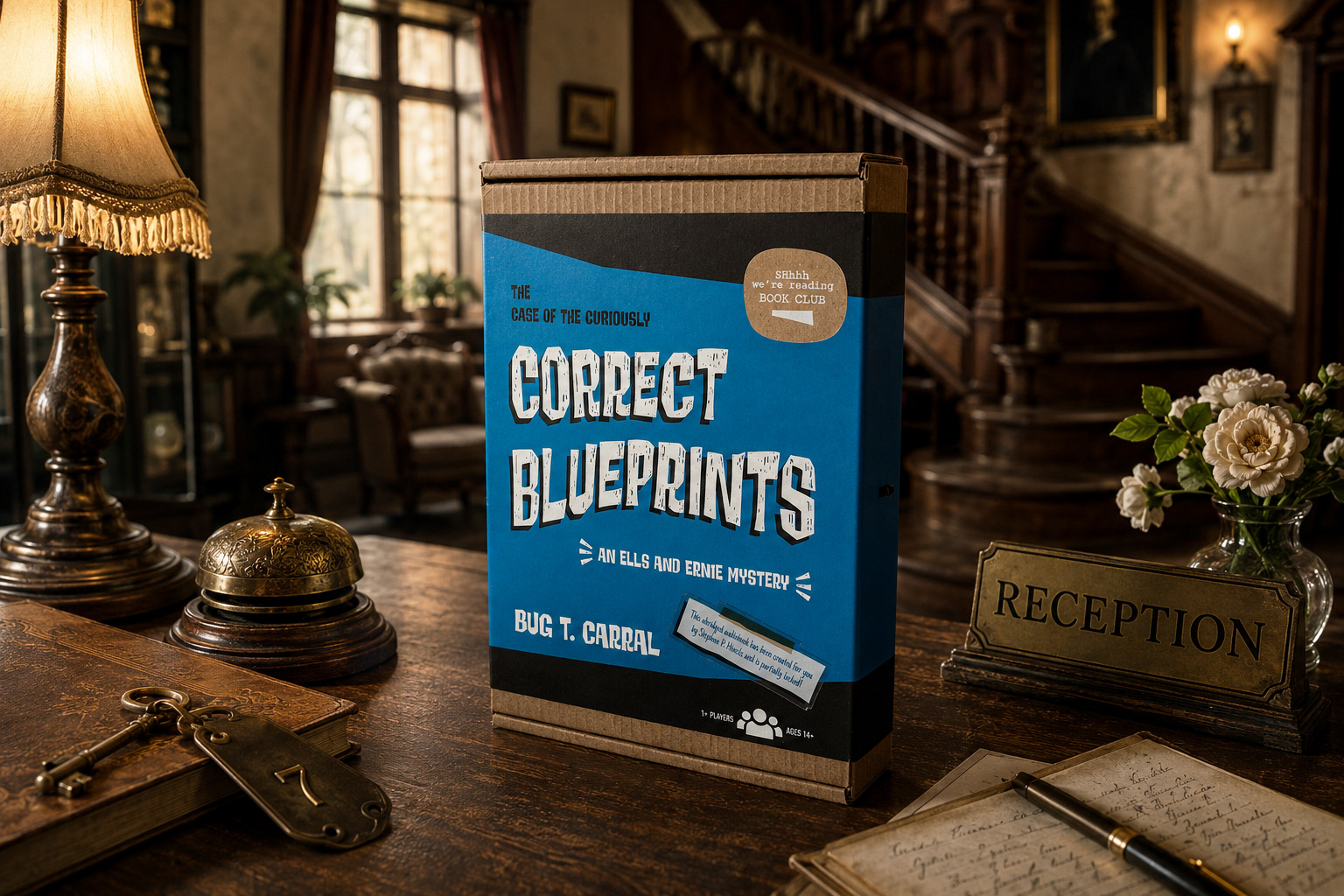 Das Spiel „The Case of the Curiously Correct Blueprints“ steht in einer alten Pension auf dem Tresen.