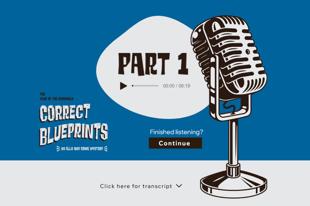 Ein Screenshot zeigt das begleitende Online-Hörbuch zum Spiel „The Case of the Curiously Correct Blueprints“.