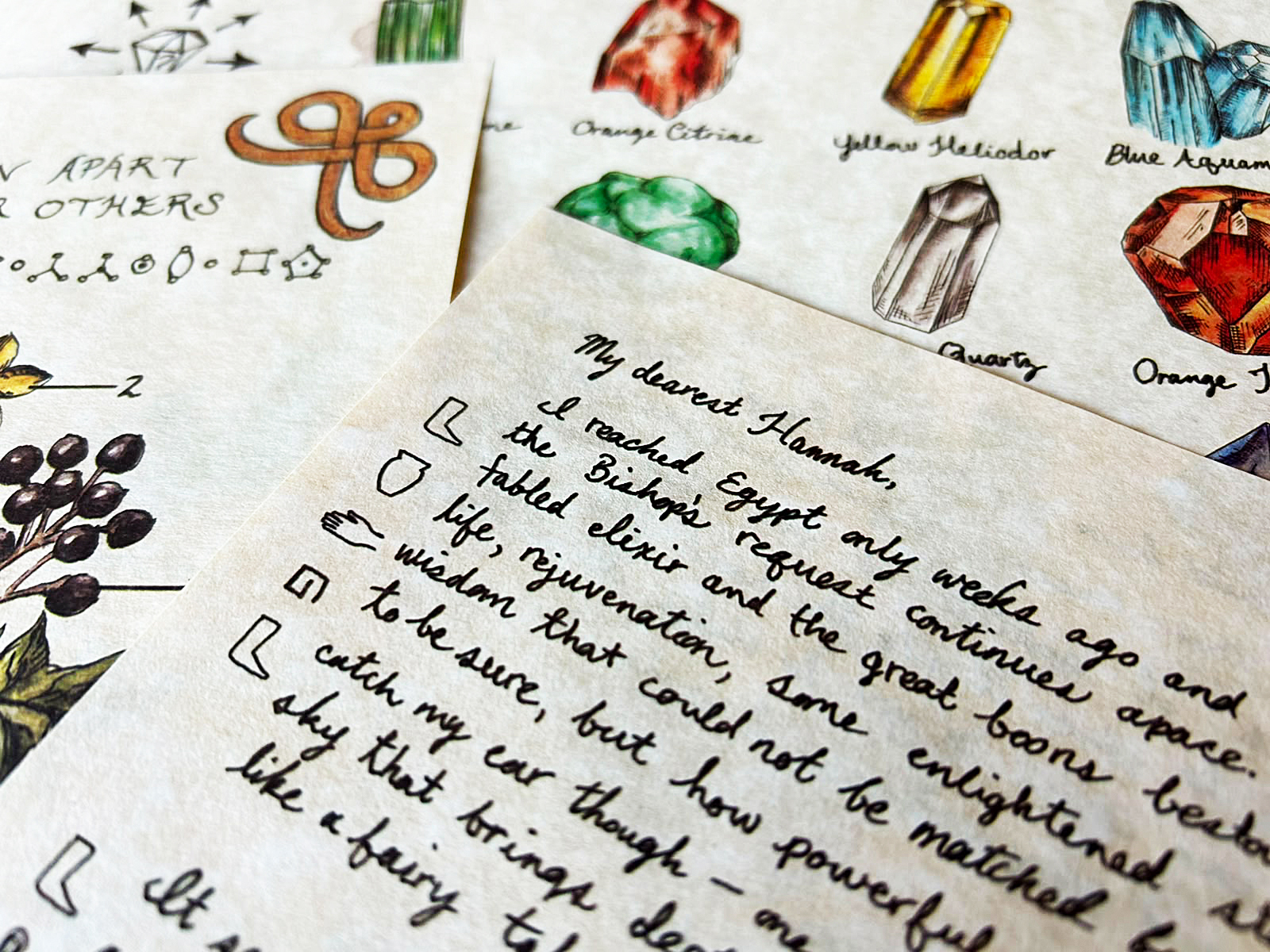 Handschriftliches Spielmaterial aus dem Spiel The Emerald Flame.