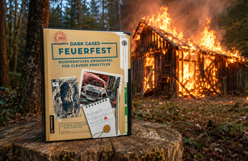 Das Spiel „Dark Cases: Feuerfest“ steht auf einem Baumstumpf im Wald, im Hintergrund ist eine brennende Scheune zu sehen.