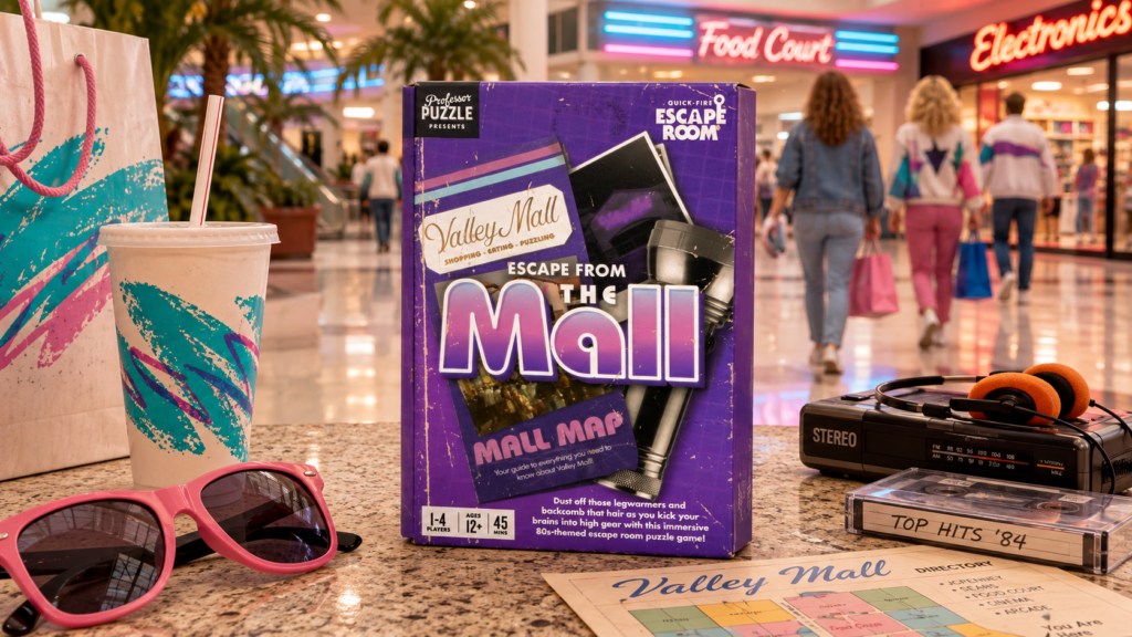 Die Spielschachtel des Spiels „Escape from the Mall“ von Professor Puzzle steht in einem Einkaufszentrum in den 80er-Jahren.