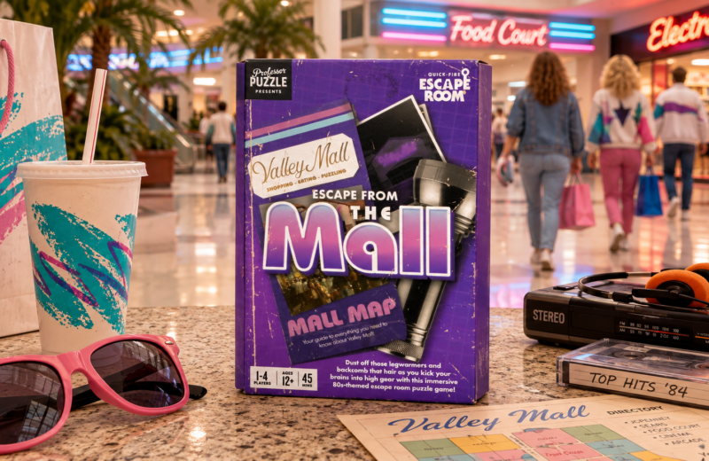 Die Spielschachtel des Spiels „Escape from the Mall“ von Professor Puzzle steht in einem Einkaufszentrum in den 80er-Jahren.