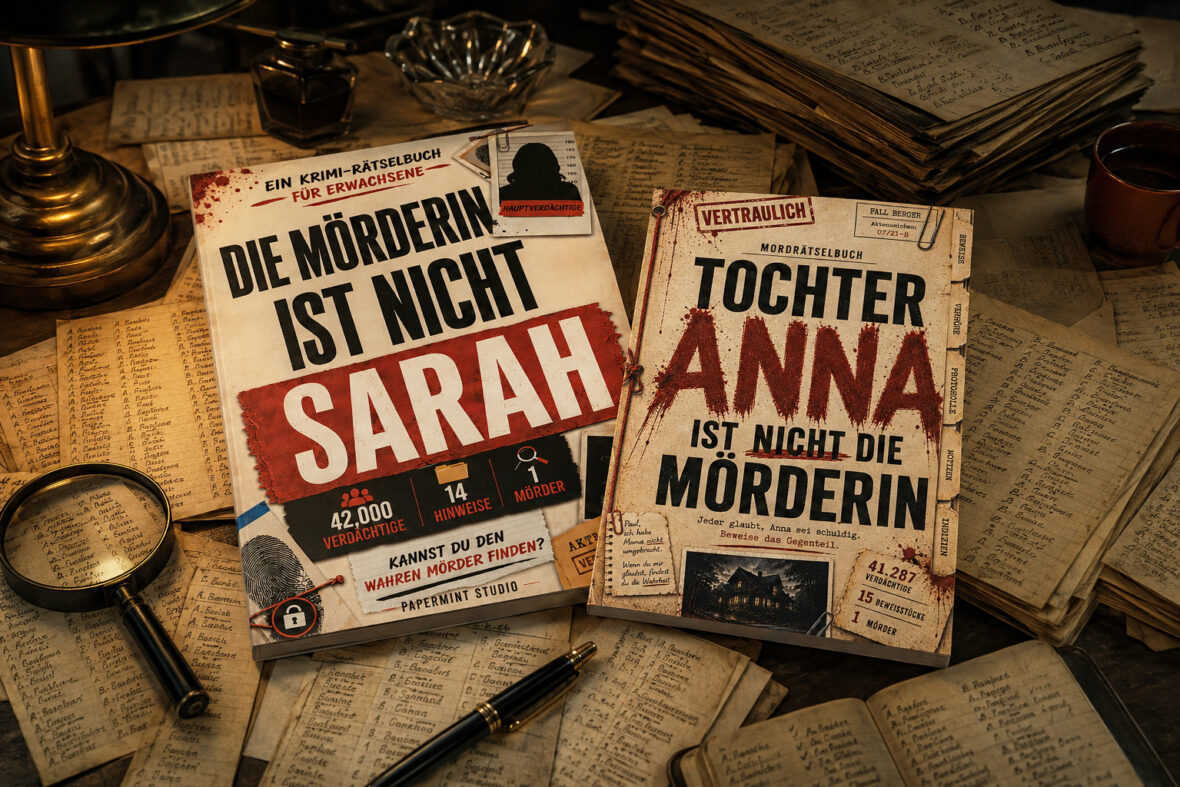 Die beiden Bücher „Tochter Anna ist nicht die Mörderin“ und „Die Mörderin ist nicht Sarah“ liegen auf einem Tisch.