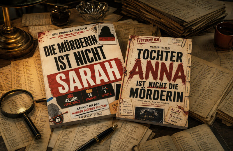 Die beiden Bücher „Tochter Anna ist nicht die Mörderin“ und „Die Mörderin ist nicht Sarah“ liegen auf einem Tisch.
