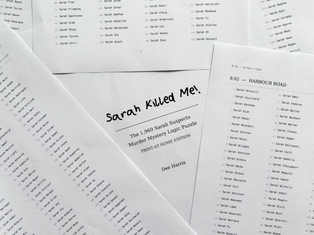 Das ausgedruckte Spiel „Sarah Killed Me!“ liegt auf einem Tisch.