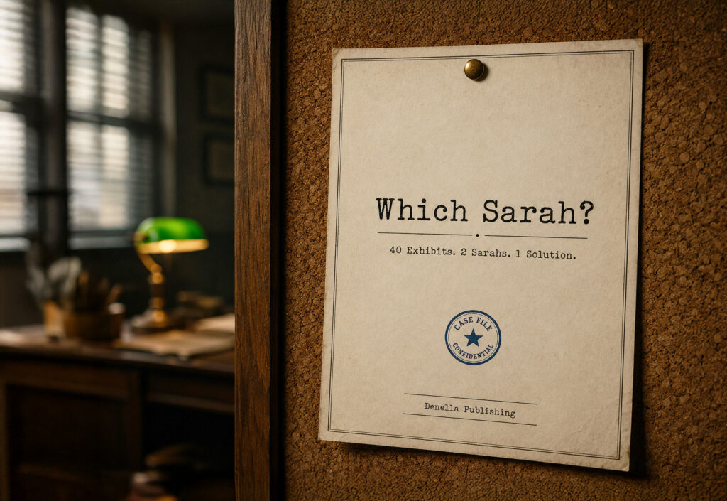 Das Deckblatt des Spiels „Which Sarah?“ hängt in einem alten Detektivbüro an der Pinnwand.