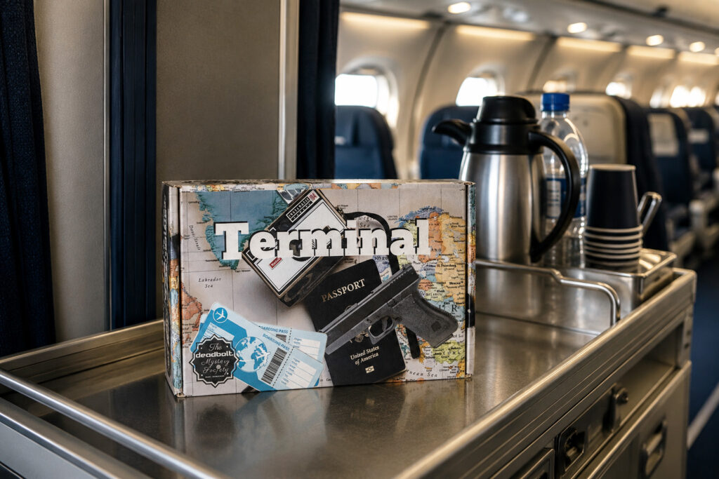 Das Spiel „Terminal“ von der Deadbolt Mystery Society steht auf dem Getränkewaren in einem Flugzeug.