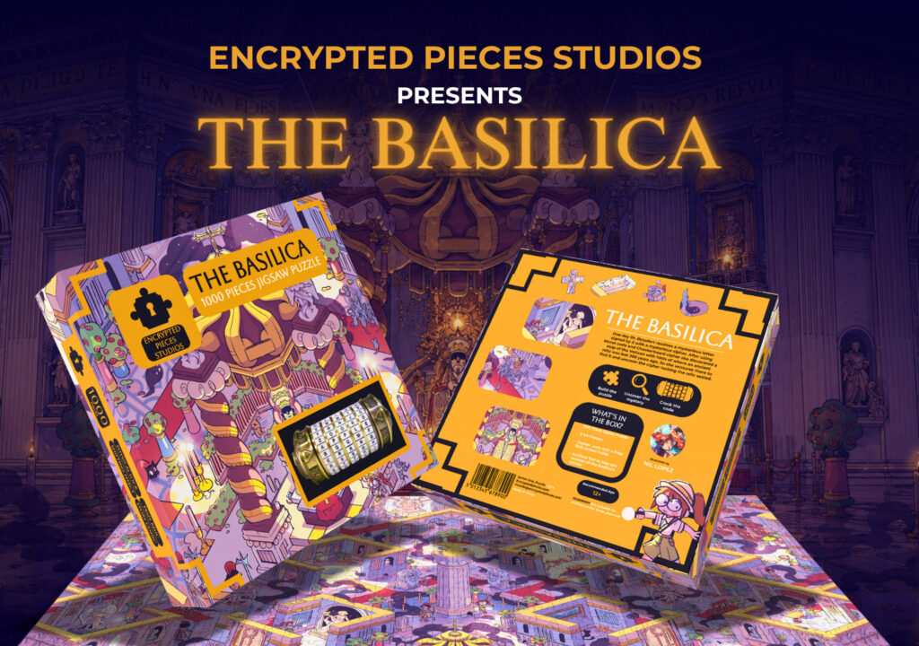 Ein Werbemotiv zu „Encrypted Pieces“ zeigt zwei Schachteln und den Schriftzug „The Basilica“.