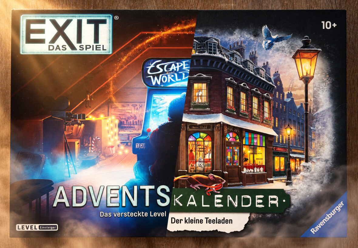 Ein Adventskalender liegt auf einem Tisch. eine Hälfte ist der Kalender „Das versteckte Level“, die andere Hälfte „Der kleine Teeladen“.