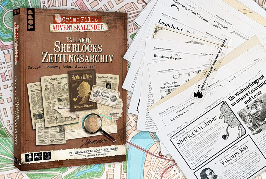 Der Escape-Room-Adventskalender „Fallakte Sherlock Holmes Zeitungsarchiv“ von Topp.
