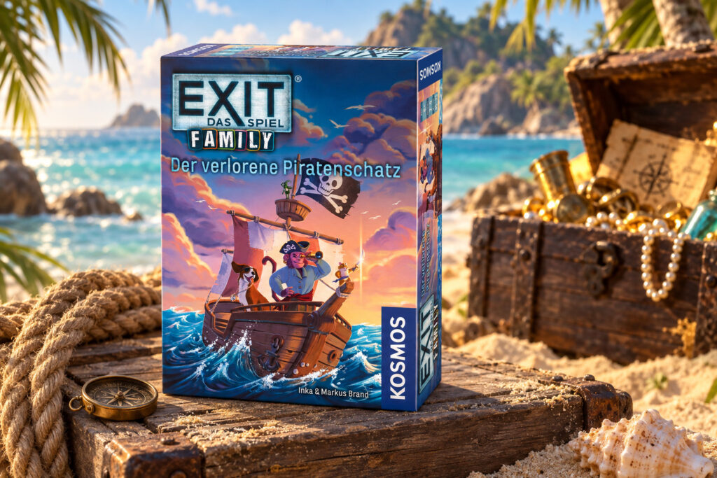 Das Spiel „Der verlorene Piratenschatz“ steht auf einer Insel, im Hintergrund ist eine Schatztruhe zu sehen.