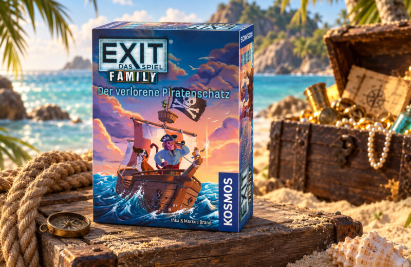 Das Spiel „Der verlorene Piratenschatz“ steht auf einer Insel, im Hintergrund ist eine Schatztruhe zu sehen.
