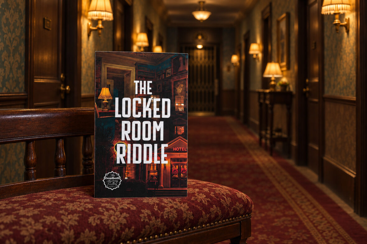 Das Spiel „The Locked Room Riddle“ steht auf einem Hocher im Flur eines gruseligen, verlassenen Hotels.