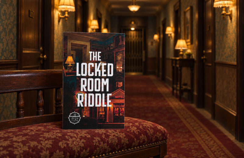 Das Spiel „The Locked Room Riddle“ steht auf einem Hocher im Flur eines gruseligen, verlassenen Hotels.
