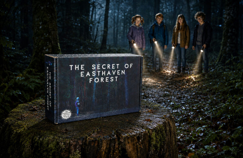 Das Spiel „The Secret of Easthaven Forest“ steht auf einem Baumstumpf in einem dunklen Wald, im Hintergrund sind vier Jugendliche mit Taschenlampen zu sehen.