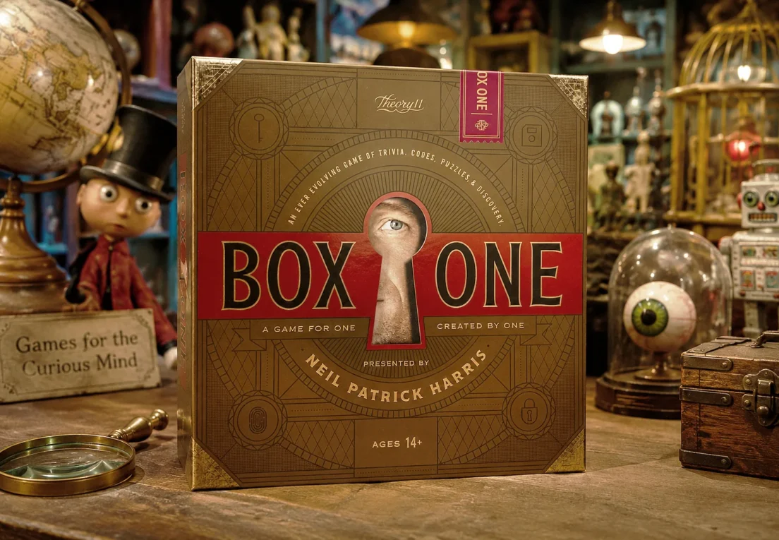 „Box One“ von Theory11 und Neil Patrick Harris steht auf dem Tresen eines skurrilen Spielwarenladens.