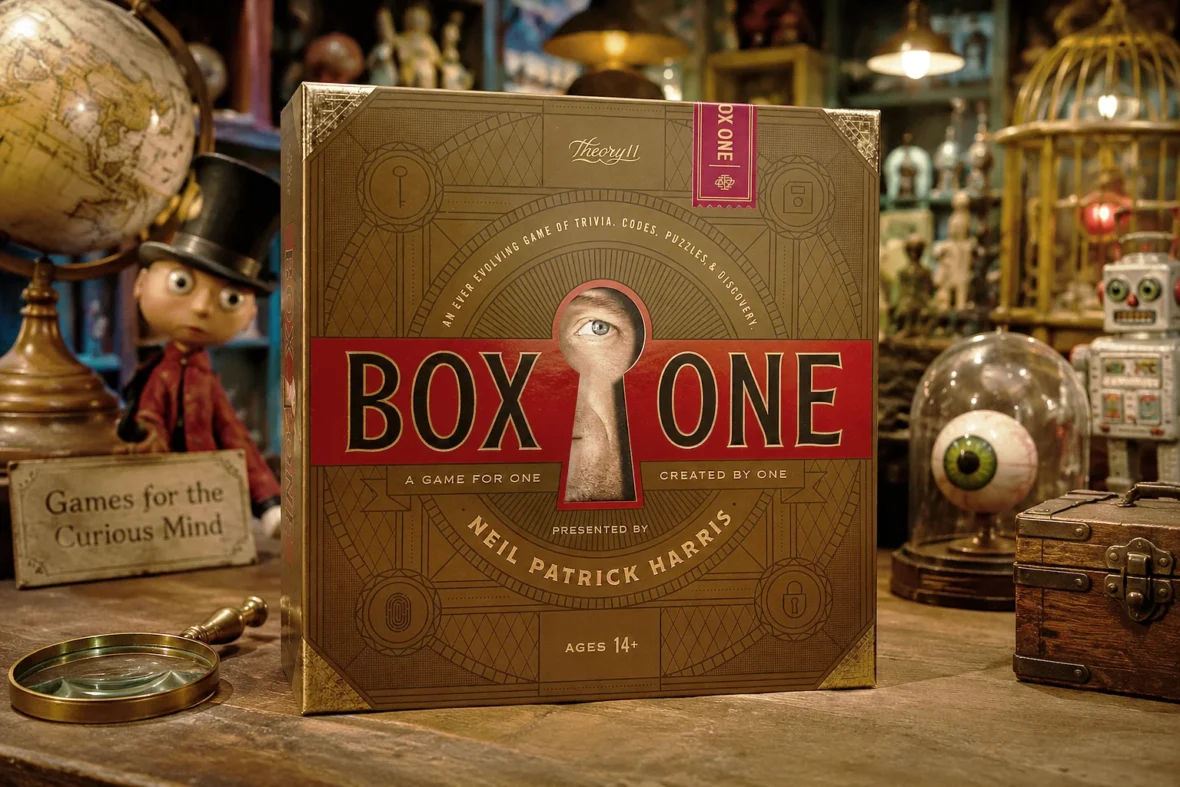 „Box One“ von Theory11 und Neil Patrick Harris steht auf dem Tresen eines skurrilen Spielwarenladens.