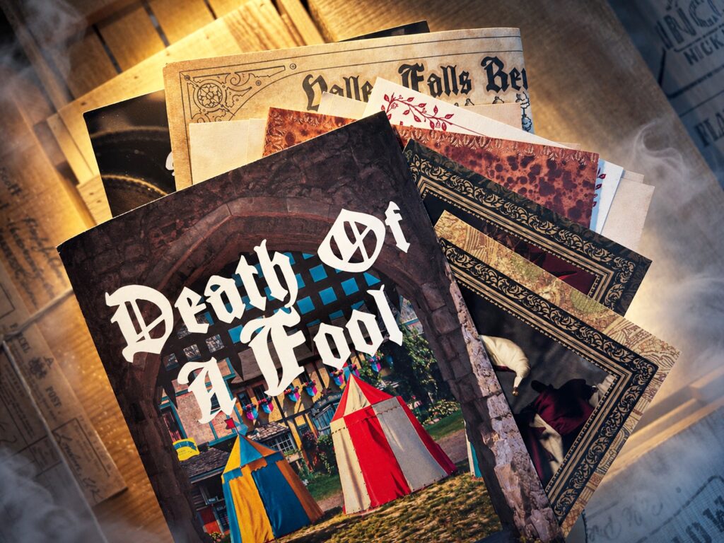 Das Spiel „Death of a Fool“ von der Deadbolt Mystery Society liegt auf mehreren Holzkisten.