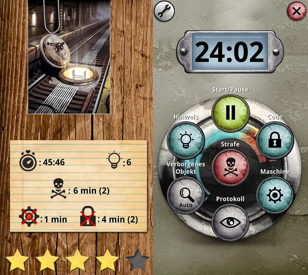 Zwei Screenshots zeigen die App, die das Spiel „Die Formel“ von „Unlock!“, begleitet.