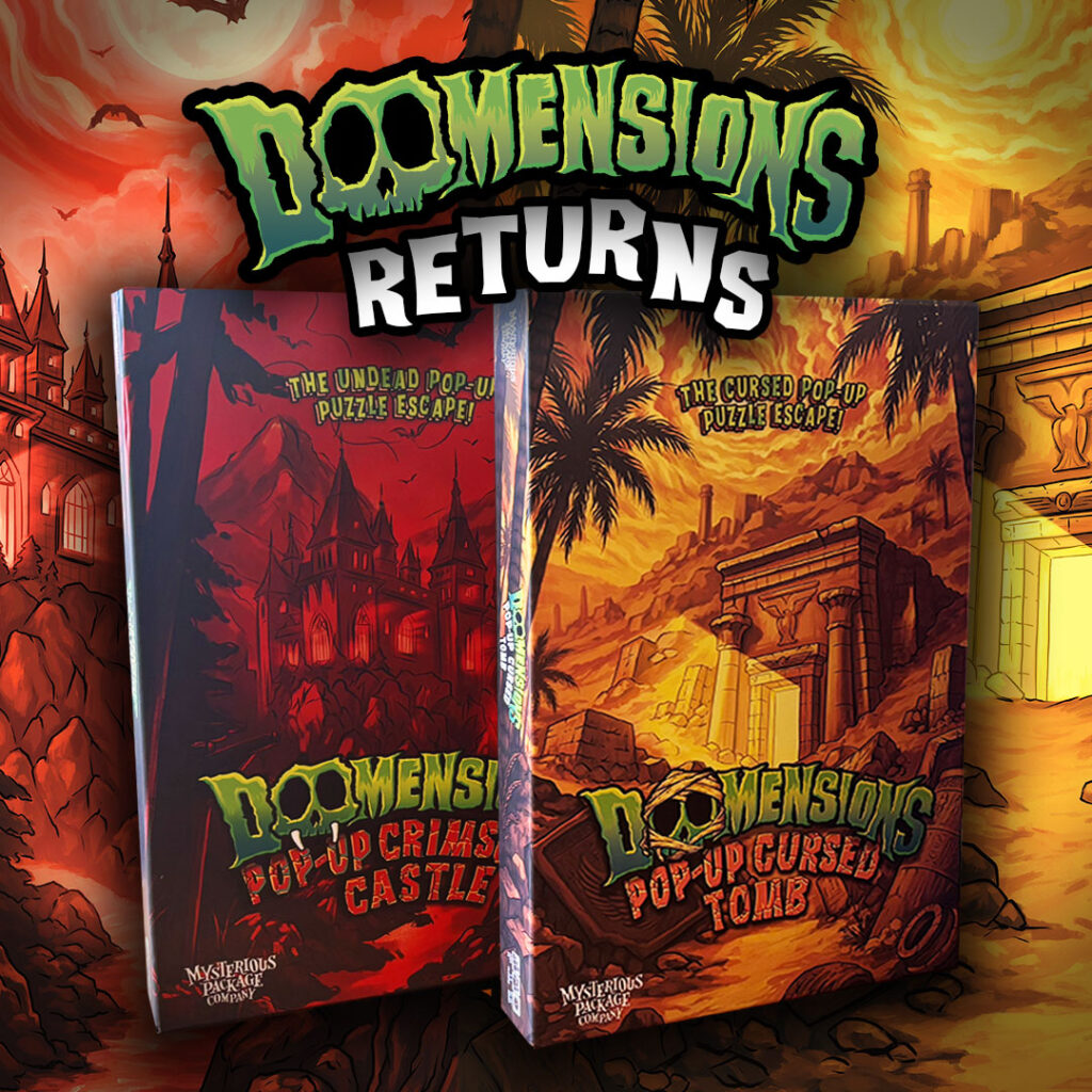 Die Collage zeigt die beiden neuen Titel „Crimson Castle“ und „Cursed Tomb“ aus der Doomensions-Reihe der Mysterious Package Company.