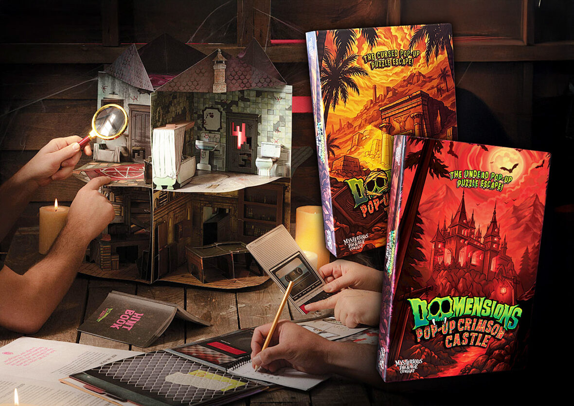 Die Collage zeigt ein Pop-up-Spiel der Mysterious Package Company und die beiden Boxen der neuen Titel aus der Doomensions-Reihe.