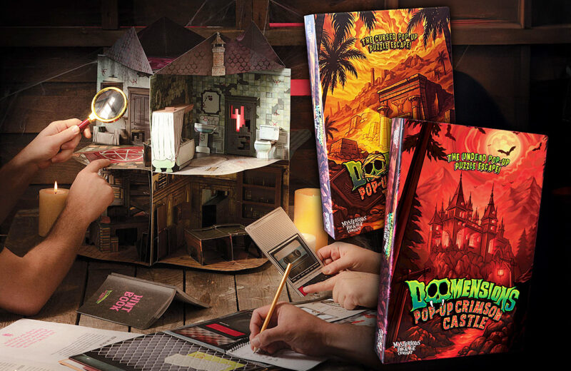 The collage shows a Mysterious Package Company pop-up game and the boxes for the two new titles in the “Doomensions” series.