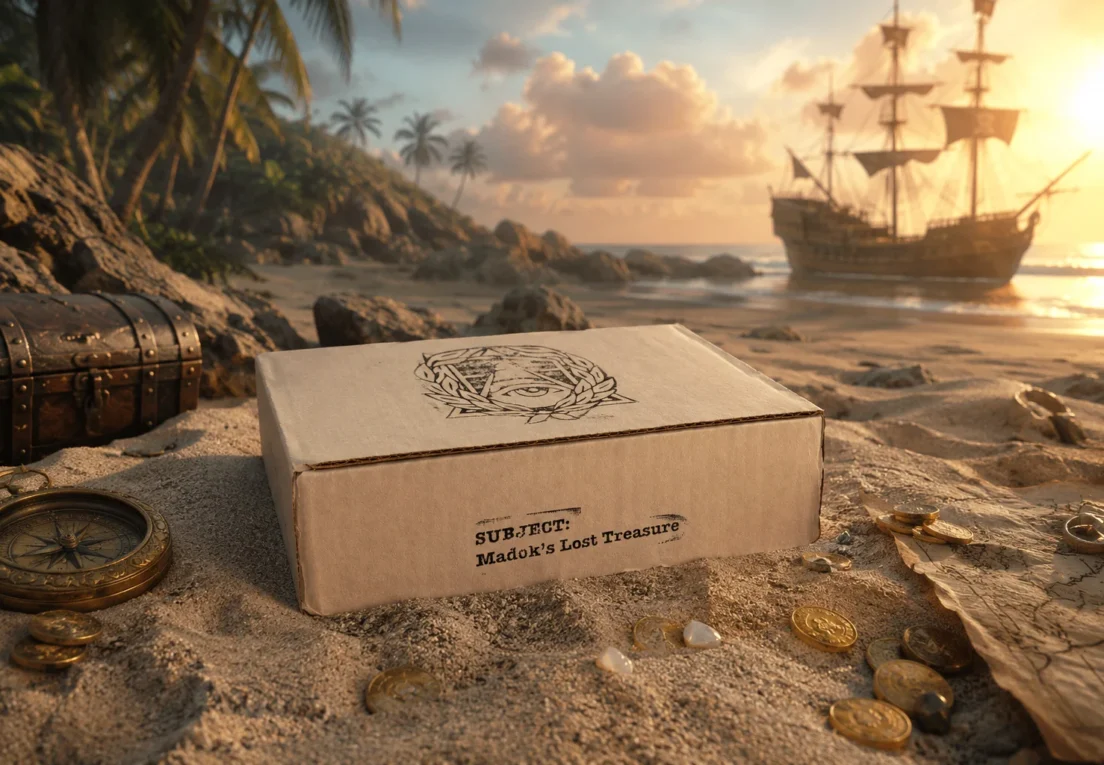 Das Spiel „Madoks Lost Treasure“ liegt an einem Strand, im Hintergrund ist ein Piratenschiff zu sehen.