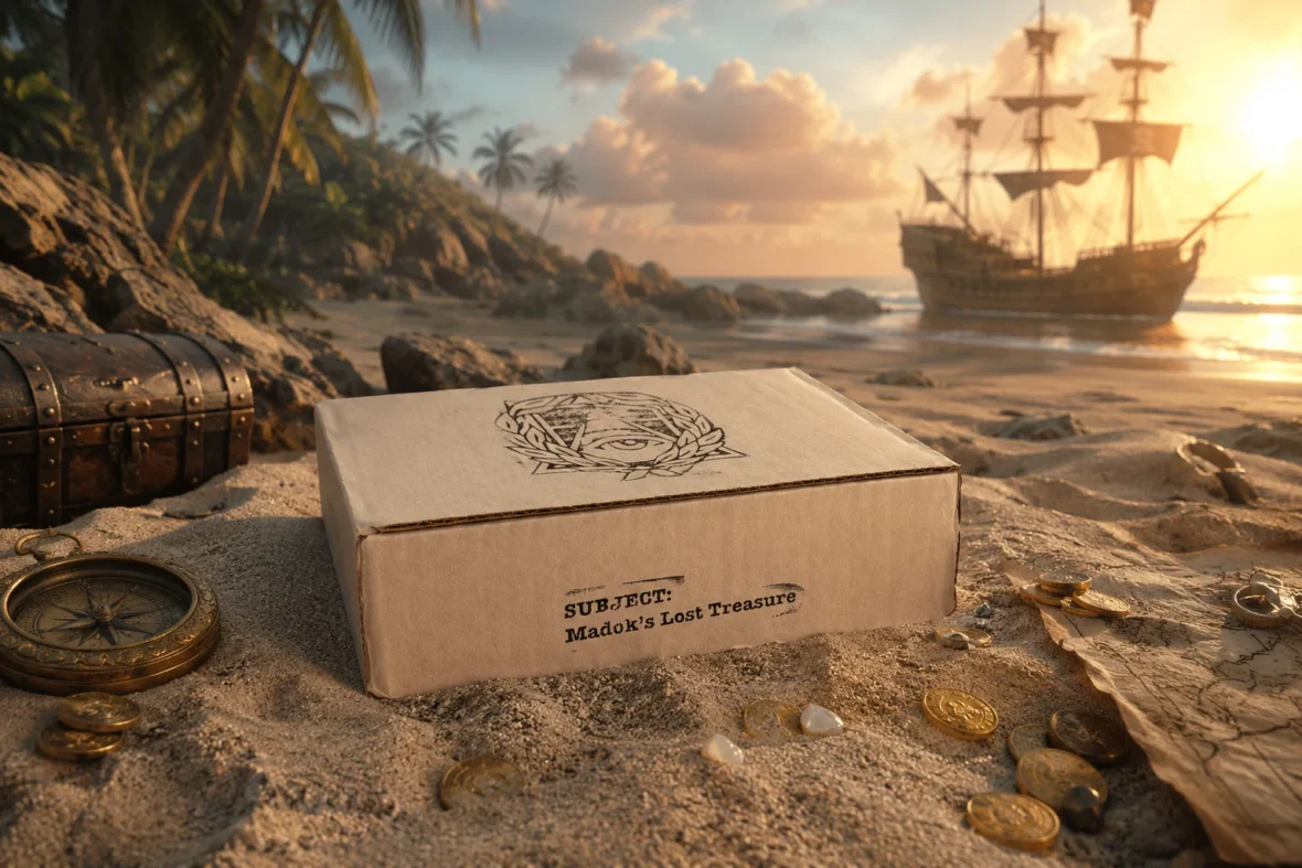 Das Spiel „Madoks Lost Treasure“ liegt an einem Strand, im Hintergrund ist ein Piratenschiff zu sehen.