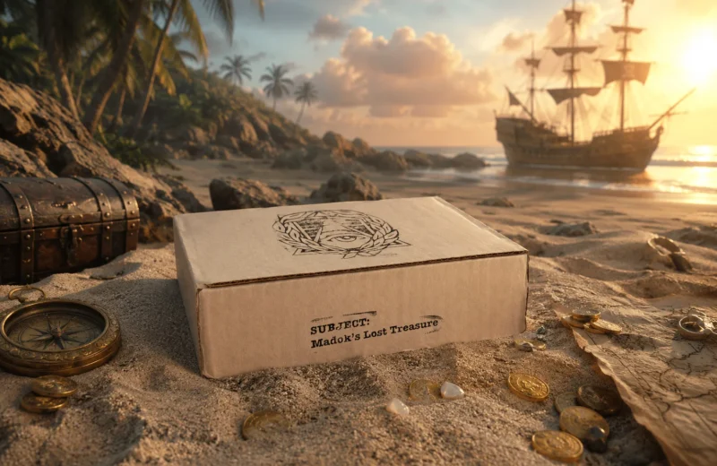 Das Spiel „Madoks Lost Treasure“ liegt an einem Strand, im Hintergrund ist ein Piratenschiff zu sehen.