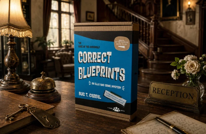 Das Spiel „The Case of the Curiously Correct Blueprints“ steht in einer alten Pension auf dem Tresen.