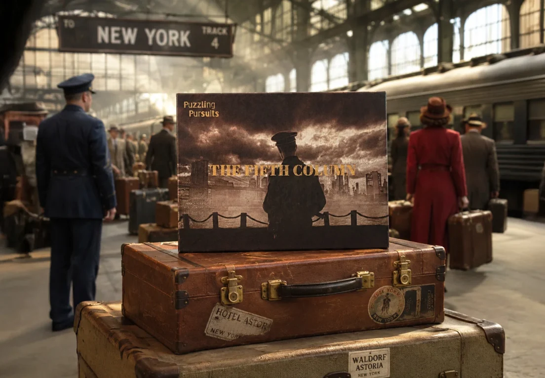 Das Spiel „The Fifth Column“ steht an einem belebten Bahnhof in New York im Jahr 1945 auf einem Stapel Koffer.