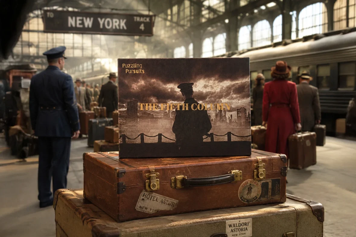 Das Spiel „The Fifth Column“ steht an einem belebten Bahnhof in New York im Jahr 1945 auf einem Stapel Koffer.