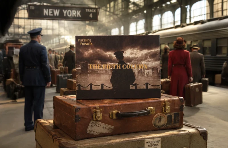 Das Spiel „The Fifth Column“ steht an einem belebten Bahnhof in New York im Jahr 1945 auf einem Stapel Koffer.