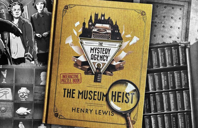 Die Collage zeigt das Buch „The Museum Heist“, im Hintergrund sind Seiten aus dem Buch zu sehen.