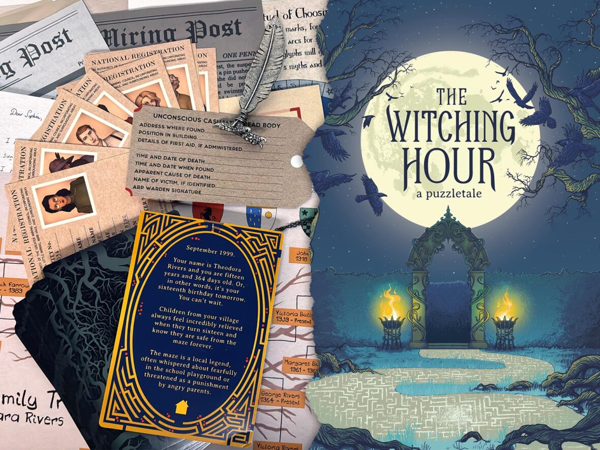 Die Collage zeigt Spielmaterial und das Titelbild aus dem Spiel „The Witching Hour“ von PostCurious.