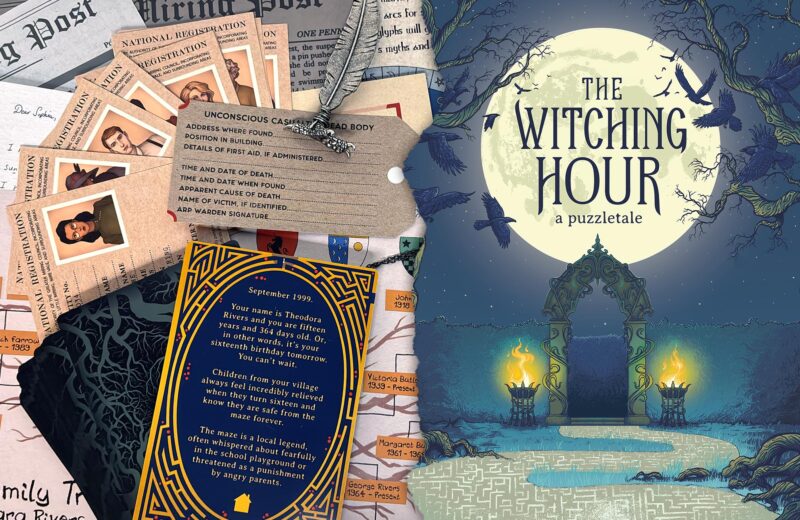 Die Collage zeigt Spielmaterial und das Titelbild aus dem Spiel „The Witching Hour“ von PostCurious.
